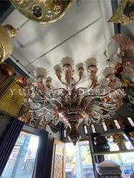 Lampu Gantung Tembaga 2 Meter 24 Tangkai: Chandelier 2 Tingkat dengan Cup Fiber Putih (Siap Instalasi)